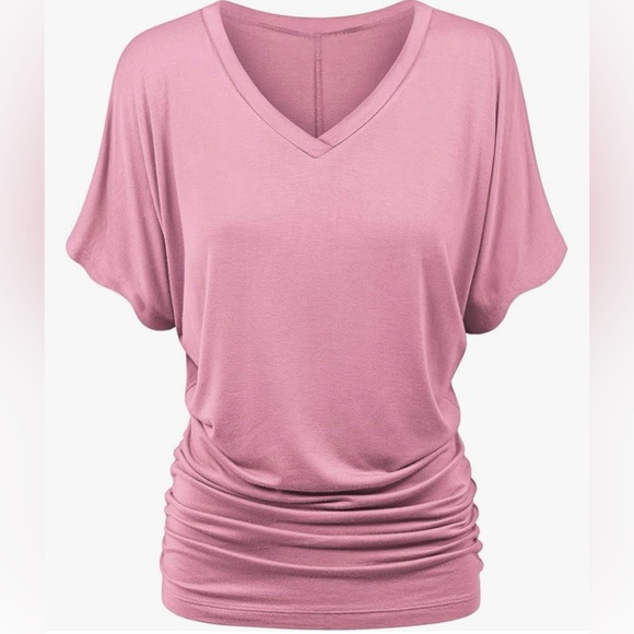 Tops - Women's V-Neck Ruched Dolman Sleeve Top - Pink